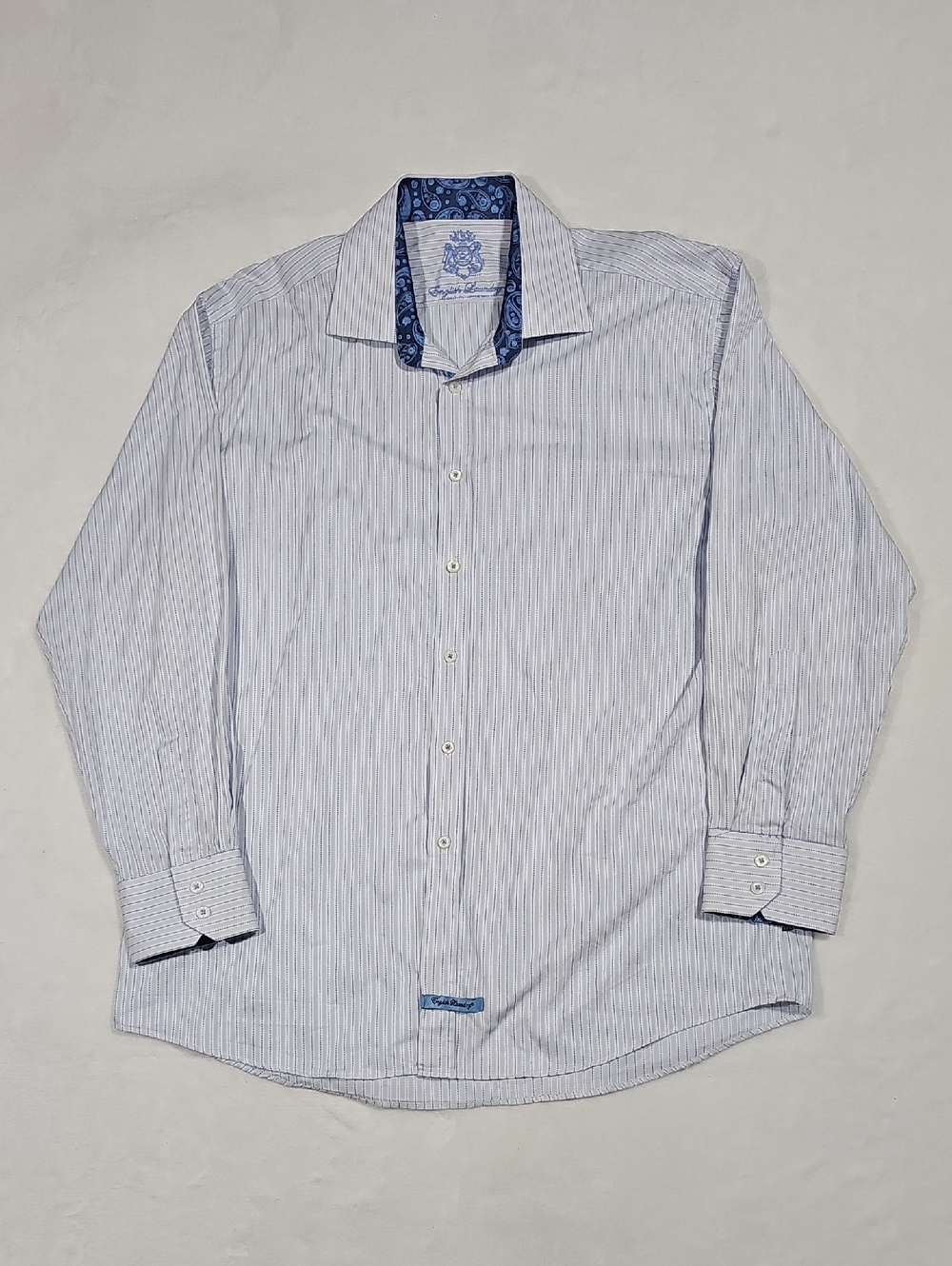 English Laundry Light Blue Pinstripe Dress Shirt with Navy Paisley Trim
